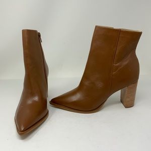 ABLE Women's Amber Stacked Wooden High Heel Leather Ankle Booties Shoes Brown